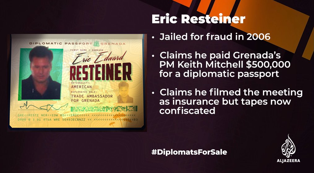 Grenada’s PM, Keith Mitchell is also accused of selling diplomatic passports.Eric Resteiner claims he paid $500,000 in cash and says he filmed the meeting as insurance.Mitchell denies this.Watch  #DiplomatsForSale:  https://aje.io/knrp2 