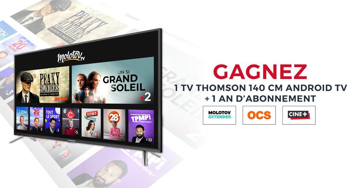 Thomson_FRA's tweet photo. Tentez de gagner un téléviseur #Thomson UHD 4K #AndroidTV9 + un an d'abonnement à @MolotovTV Extended avec @OcsTv &amp; Ciné+ !
le Grand spectacle n'attend plus que vous ! 🤩

Pour participer ▶️ https://t.co/akeQmhfHro 🎁😁

#JeuConcours #ThomsonTV #MolotovTV https://t.co/L0pLIe0FKr