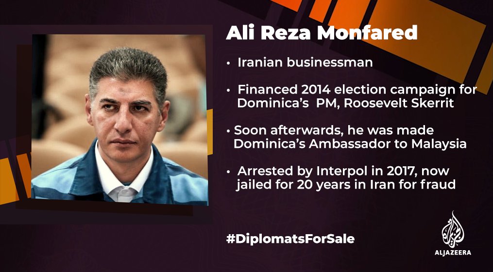 Dominica has a record of appointing controversial foreigners as ambassadors.Iranian businessman Ali Monfared was one of them.Watch  #DiplomatsForSale:  https://aje.io/knrp2 