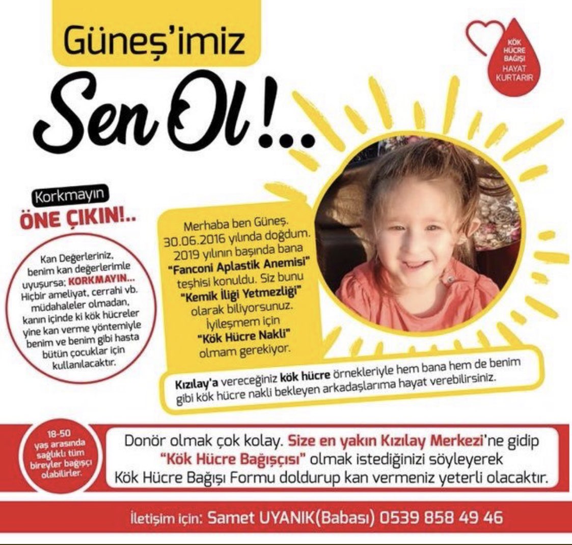 Güneşimize Allahtan acil şifalar diliyorum. Toplum olarak bu konularda hassas olalım. Yapacağımız sadece kan vermek hepsi bu. Lütfen destek olalım arkadaşlar. Rt lütfen elden ele ...