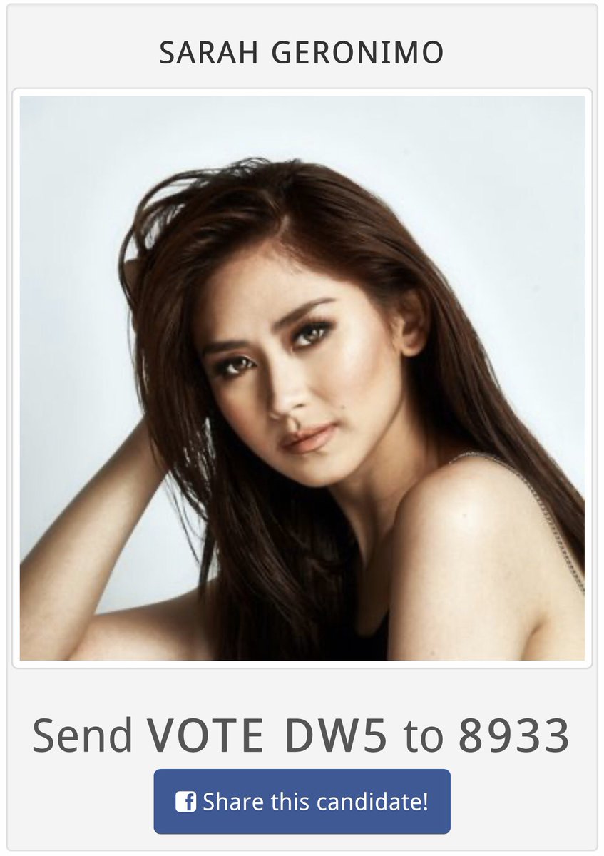 QueenSGKnights's tweet photo. VOTE FOR SARAH GERONIMO GUYS!!!
8.11% pa lang votes nya..

Send VOTE DW5 to 8933

Result: https://t.co/2JSMX132cv

@JustSarahG  G https://t.co/Ueb0EzlRA6