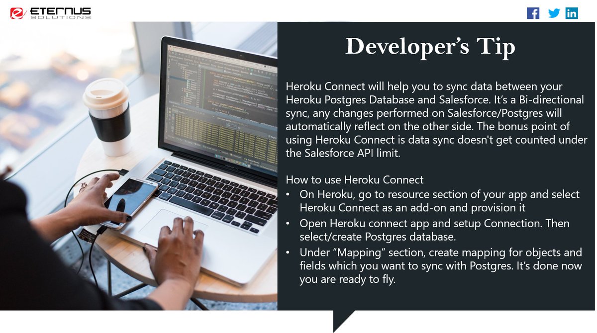 nowinfobeans's tweet photo. Perform #CRUD operations on Heroku's Postgres #database and update relevant #Salesforce records and that to without hitting the #API limits, Read the tip
#Heroku #EternusSolutions #developerstip #TechTuesday #TechTips https://t.co/jRTQReWXKh