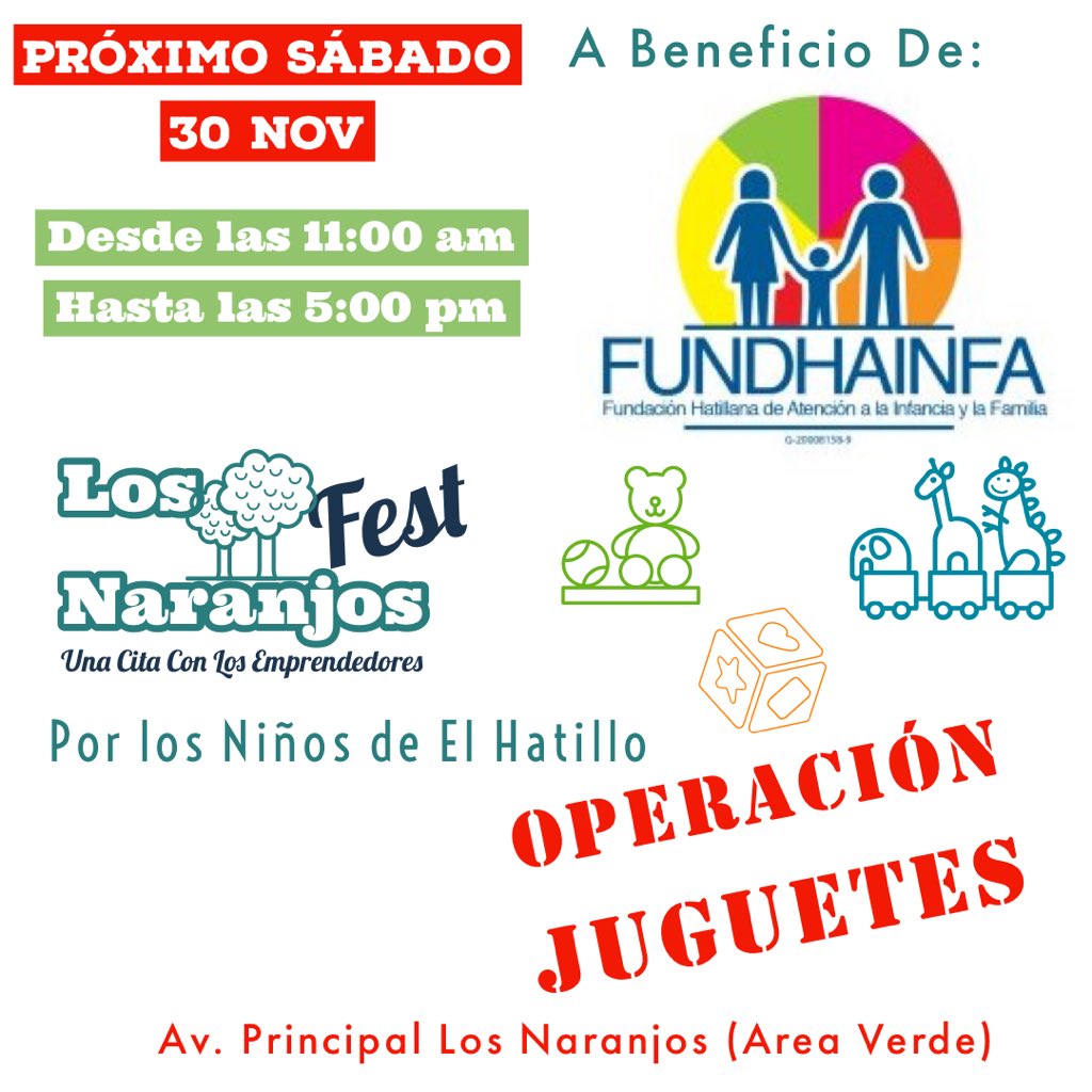 Vecinos #Ayuda a #Difundir el evento #LosNaranjosFest con varios #Emprendedores y a #Beneficio de <a href="/fundhainfave/">Fundhainfave</a> con donativos de #Juguetes que se entregarán a nuestros niños del municipio #ElHatillo, nos vemos el #30Nov de 10:00 am a 5:00 pm, en la Av. Principal de #LosNaranjos