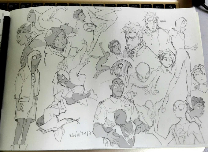 not having a tablet currently means i hv to get used to pencil sketching again? bunch of spiderverse (was rewatching) and misc sketches/studies 