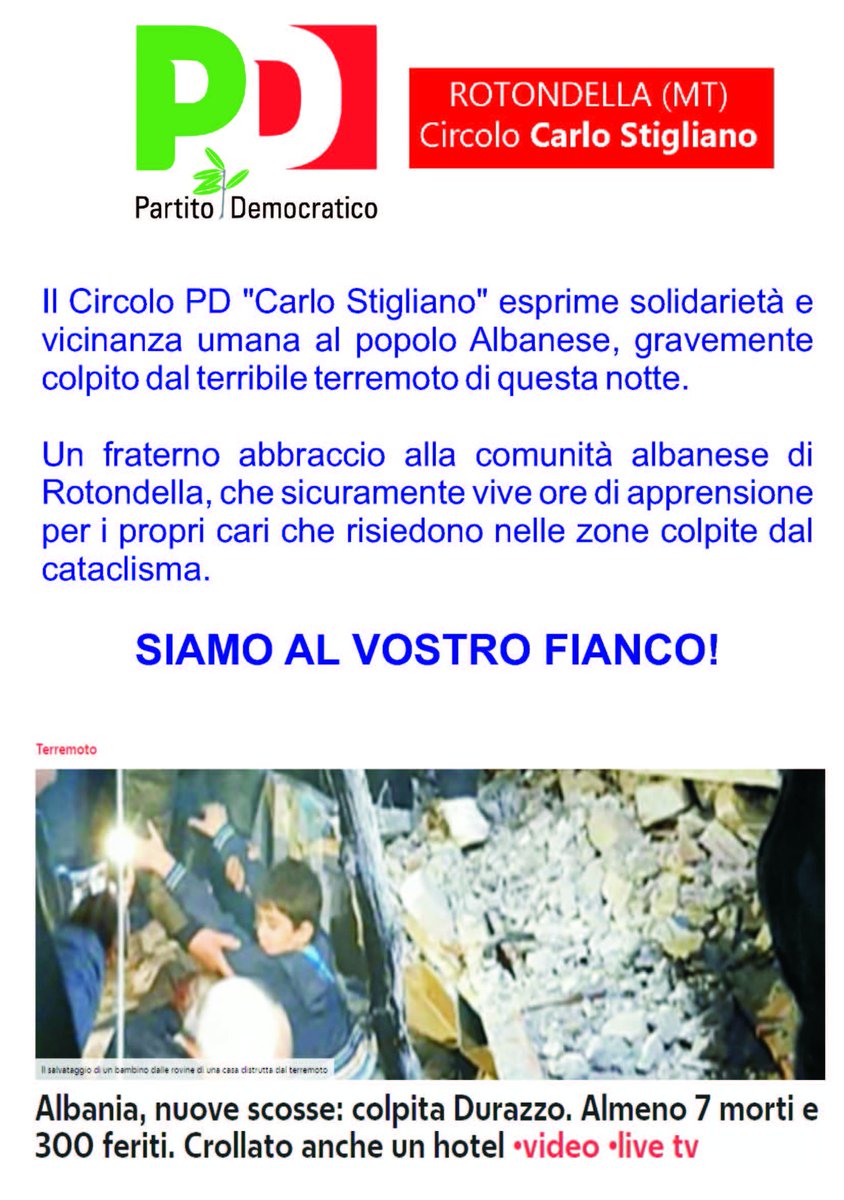 PD_Rotondella's tweet photo. #TerremotoAlbania #Rotondella al fianco della comunità albanese https://t.co/A8nskEpmNn