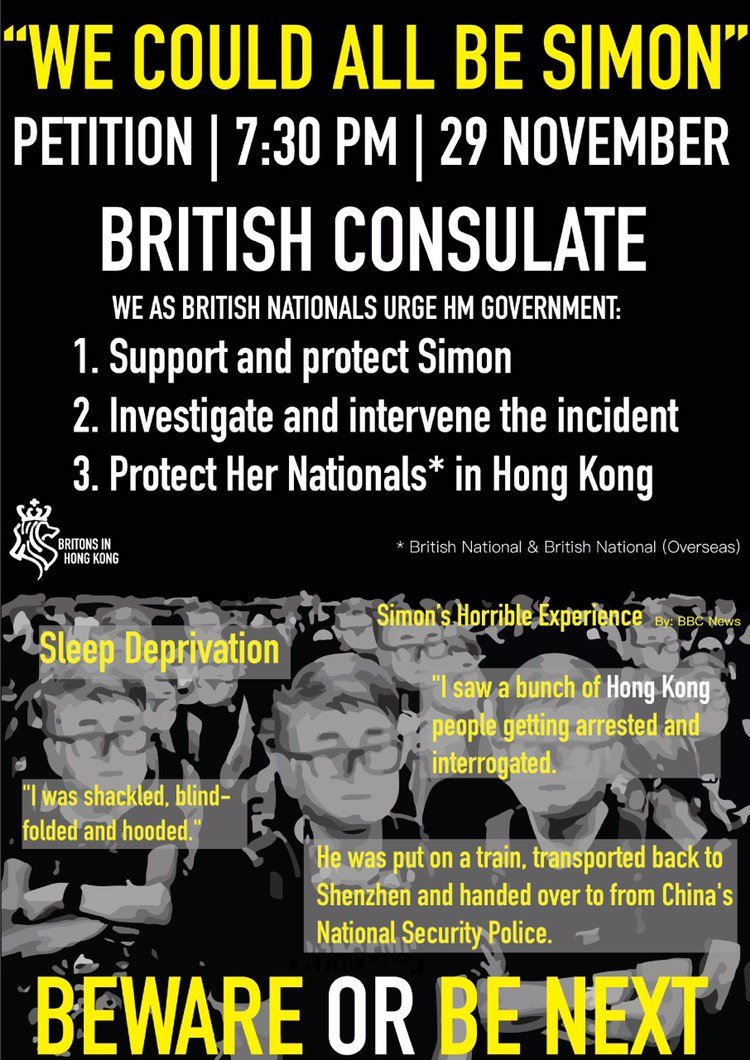 BritonsHK's tweet photo. To show support to Simon Cheng, and urge HM government to prevent such incidents in the future, BHK organised an event held on Friday, Nov 29 at 7:30pm at British Consulate. We welcome your presence. Paper mask for the theme: we could all be Simon. 

#BNOisBritish #RightTheWrong https://t.co/Ucm5PDLxcO