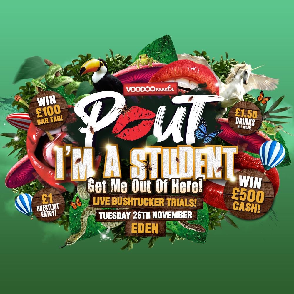 #ImACeleb Pout Competition!! 🏕🦎

Step into the jungle tonight -  RT &amp; Follow for a chance to WIN

1 Bottle of Vodka at POUT 💋
1 Voodoo VIP Card 😱
1 Bottle of Bubbly 🍾
10 Free Entries 🤯
10 Queue-Jumps 🐰

10 Runner-Up Prizes! 🏃🏽‍♀️ 

Winners announced at 7! ⏳
