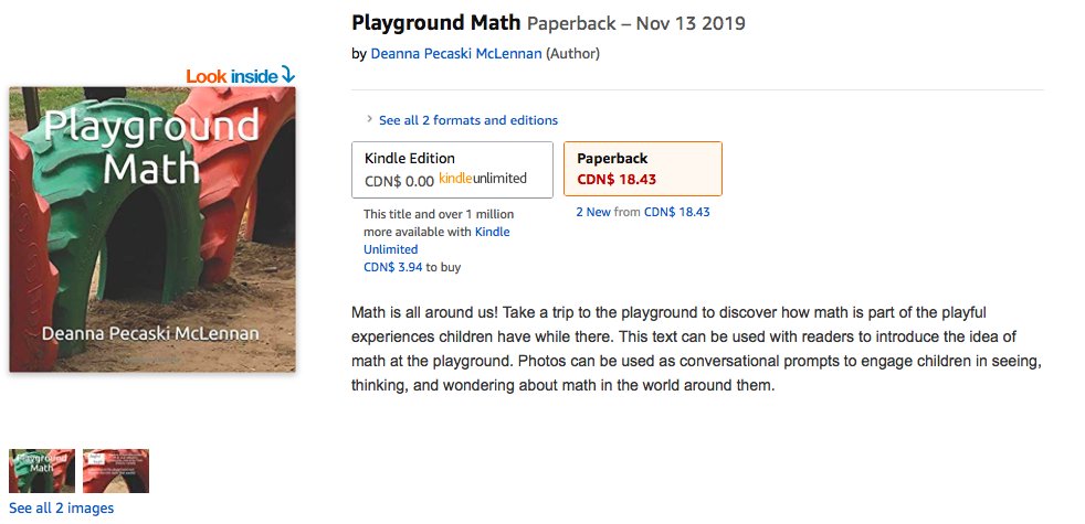 mraspinall's tweet image. Check out &quot;Playground Math&quot; from @McLennan1977! Take your class outside! #CodeBreaker #JoyfulMath

&quot;Math is all around us! Take a trip to the playground to discover how math is part of the playful experiences children have while there.&quot;

amazon.ca/Playground-Mat…