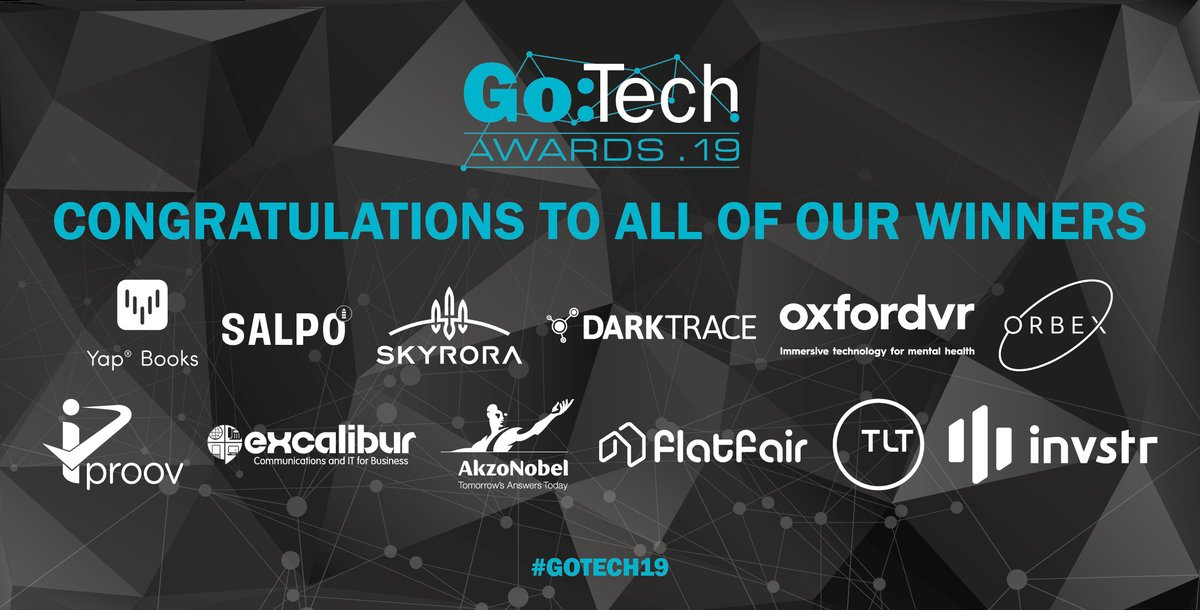 businessleader's tweet image. Congratulations to all our Go:Tech Award winners! 🍾 #GoTech19

@yapbooks @salpotech @Skyrora_Ltd @Darktrace @Oxford_VR_Ltd @orbexspace @iProov @ExcaliburCom @AkzoNobel @getflatfair @TLT_LLP @invstreams