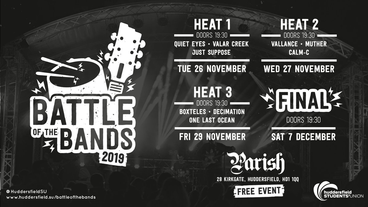 HuddersfieldSU's tweet photo. The first Battle of the Bands Heat is today... Are you ready to choose your champion? Join us for a free night out full of chill music tonight at @Parishhudd!
#MakingStudentLifeBetter #BattleOfTheBands @HudStudents https://t.co/14SY9SoUBk