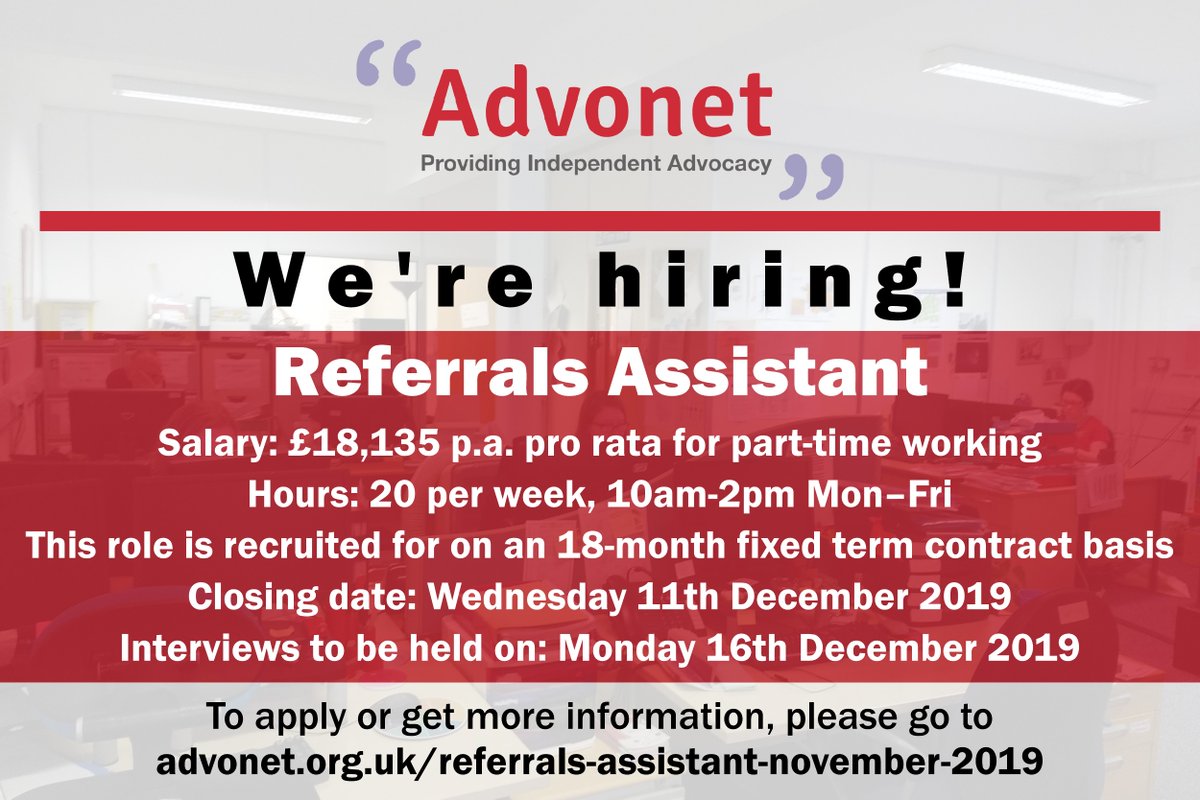 AdvonetUK's tweet photo. We're hiring! Advonet are looking for a Referrals Assistant to help take calls from people in #Leeds who have #advocacy requests - click on this link for more info and all the forms you need: https://t.co/eNU48nvTh1 #CharityJobs #LeedsJobs #WestYorkshireJobs https://t.co/hOEszLX9BY