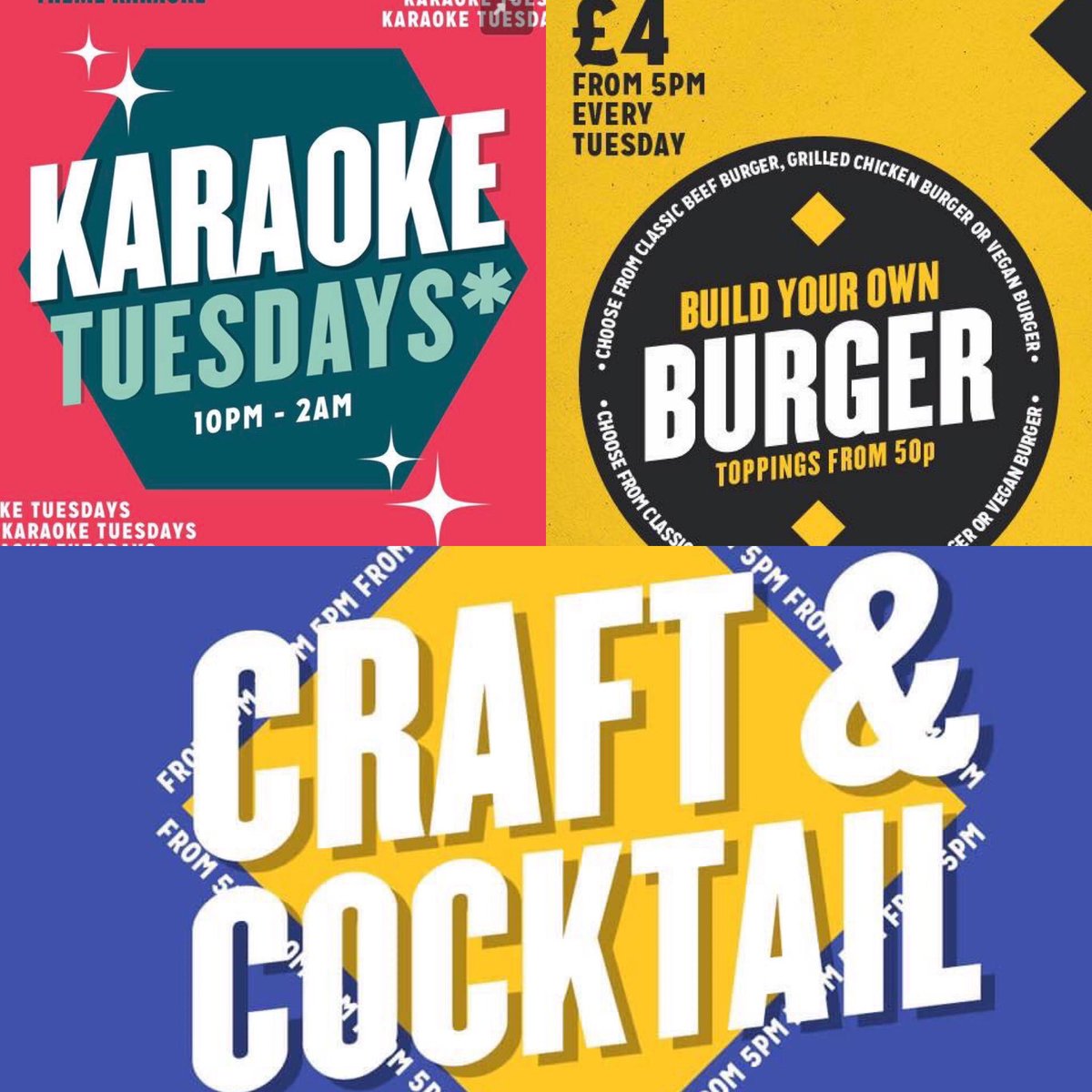 £4 Build your own burger from 5pm 🍔

£3 craft and cocktails from 5pm 🍹

Karaoke from 10pm all the way until 2am tonight! 🎤