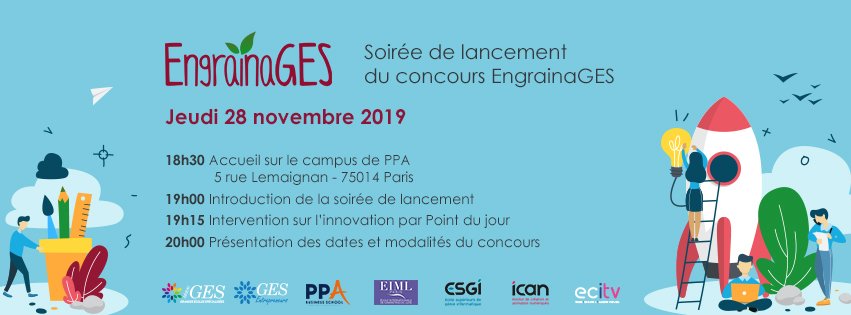 EngrainaGES's tweet photo. 📅Jeudi 28 novembre 2019 à partir de 18h30
Soirée de lancement de la nouvelle saison EngrainaGES !
📌PPA, 5 rue Lemaignan 75014 Paris
Partagez &amp; inscrivez-vous à l'événement
https://t.co/SPkJ01MKLm
#engrainages #reseauges #entrepreneuriat #innovation #ethique #concours #startup https://t.co/bOvEPn7m2d