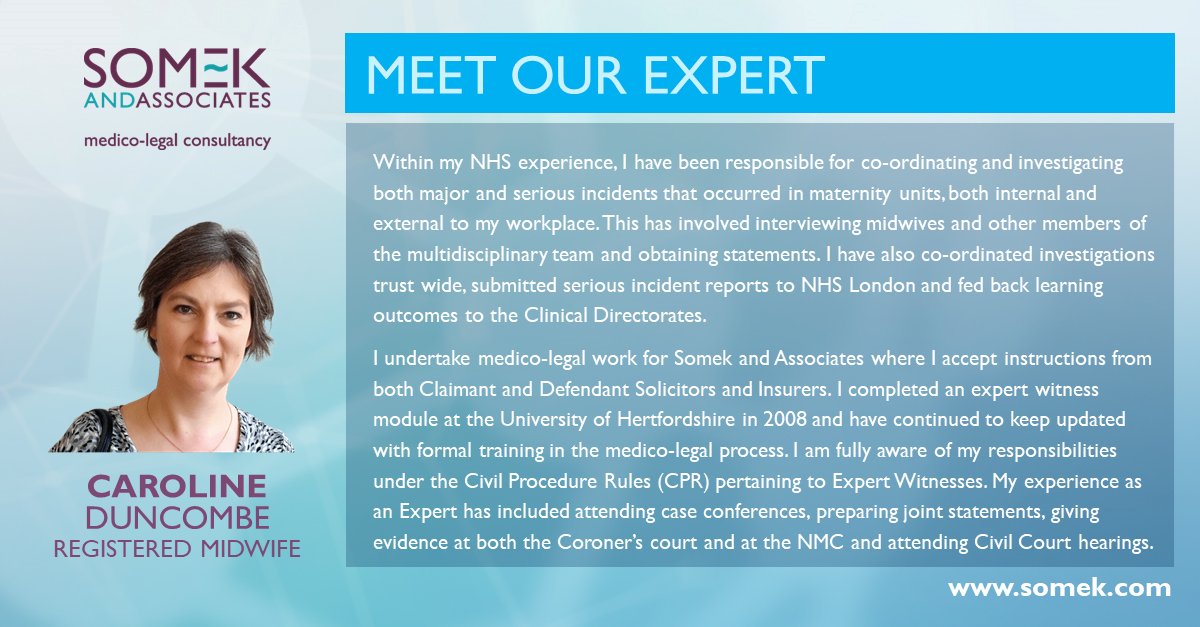EXPERIENCED EXPERT WITNESS WITH IMMEDIATE AVAILABILITY TO TAKE ON A CASE AT SHORT NOTICE! Caroline Duncombe, registered midwife specialising in: midwifery and diabetes in pregnancy. Here is Caroline's profile in full: somek.com/site/people/pr…
Contact our team now on 01494 792711.