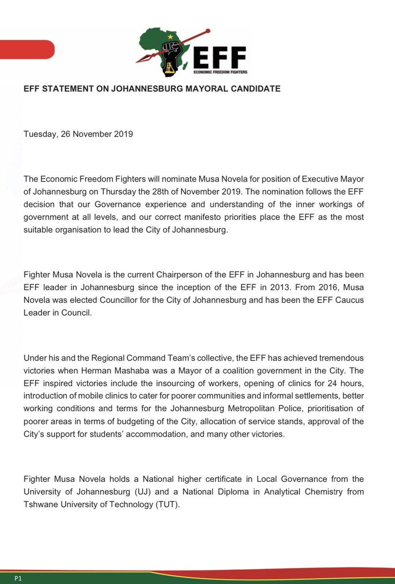 EFFSouthAfrica's tweet photo. EFF Statement on Johannesburg Mayoral Candidate. https://t.co/J3JewWfNHp