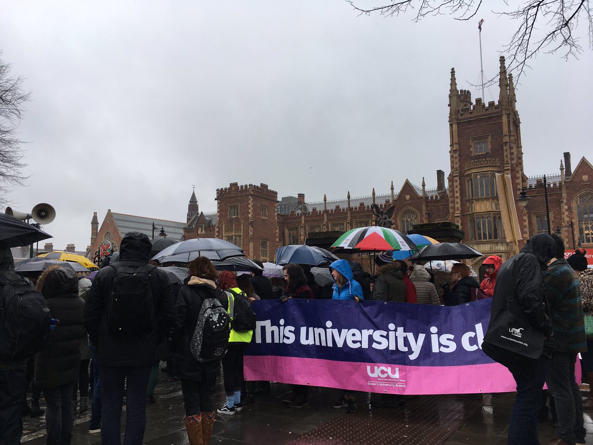 DrDeiana's tweet photo. Taking #DampButDetermined to a new level @ucuatqub standing strong today #UCUStrikesBack https://t.co/n0icAQ8Tya