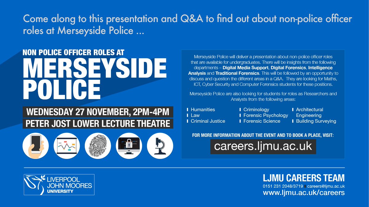 LJMUCareers's tweet photo. Want to explore non-policing roles within the @MerseyPolice
We have an event tomorrow which is very Beneficial to you!
Don't be afraid to come along and find out more!
🚩Wednesday 17th November, 2pm-4pm
To book, visit: https://t.co/bo89CYGknh
#ljmucareers #ljmustudent #ljmugrad https://t.co/X7rCluQ43I