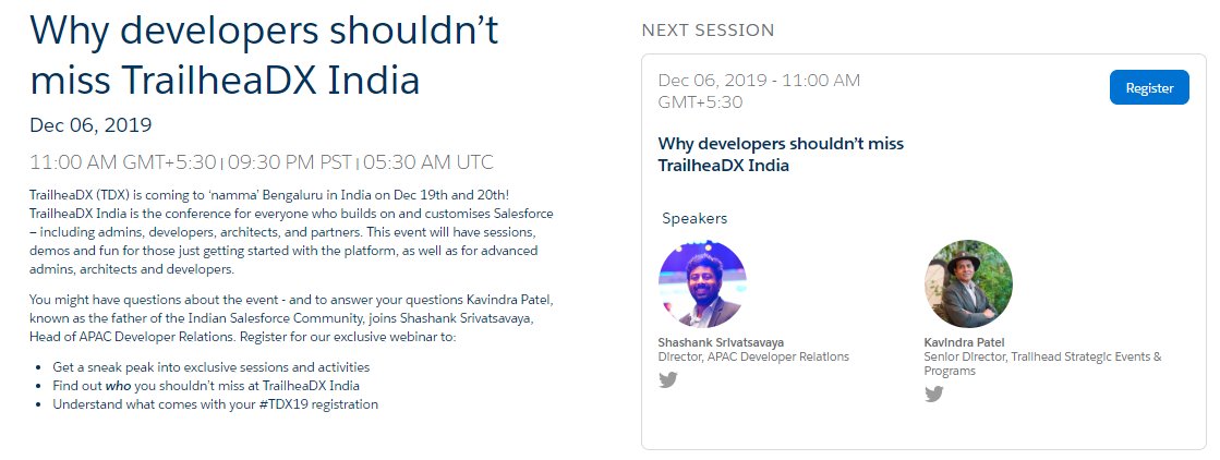 Title Says everything:
Why developers shouldn’t miss TrailheaDX India. 

Register for the  webinar and Get a sneak peak into exclusive sessions and activities
from @shashforce and <a href="/kavindrapatel/">kavindrapatel</a>  

developer.salesforce.com/event/trailhea…
