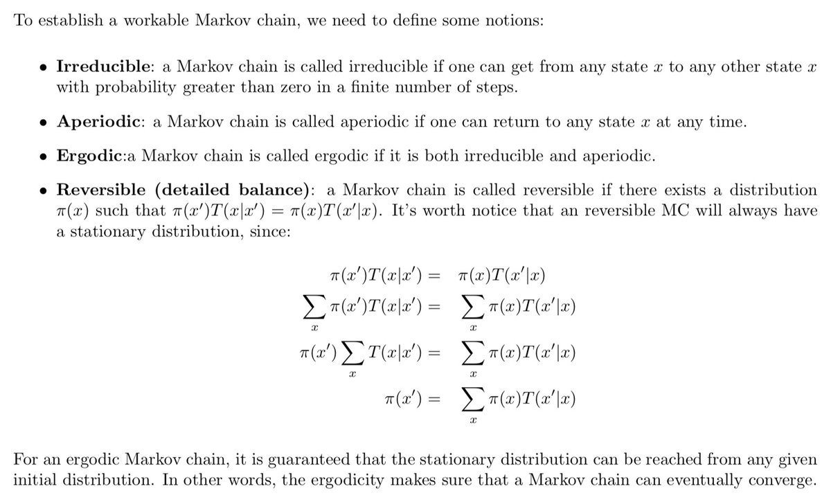 dengyazhuo's tweet image. A Markov chain is reversible if states x→x' and x'→x are equally probable and has a stationary distr. #MetropolisHastingsAlgorithm uses an acceptance probability that satisfies the reversible condition to simulate samples from the stationary distr of interest.  #readingOfTheDay
