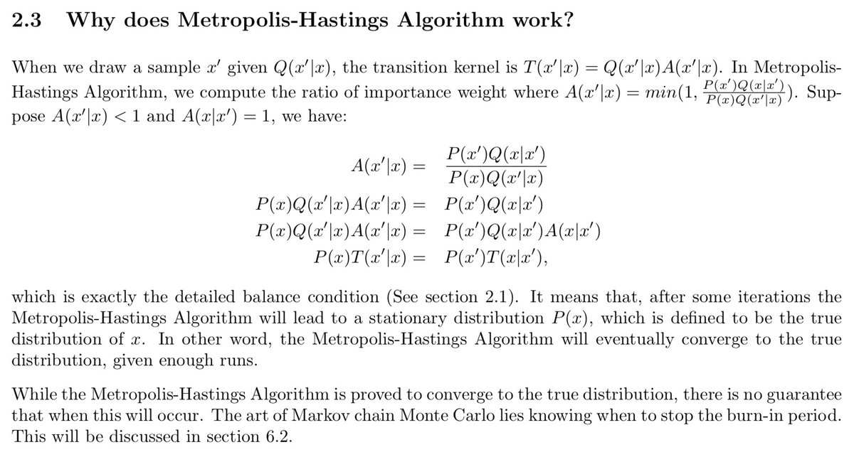 dengyazhuo's tweet image. A Markov chain is reversible if states x→x' and x'→x are equally probable and has a stationary distr. #MetropolisHastingsAlgorithm uses an acceptance probability that satisfies the reversible condition to simulate samples from the stationary distr of interest.  #readingOfTheDay