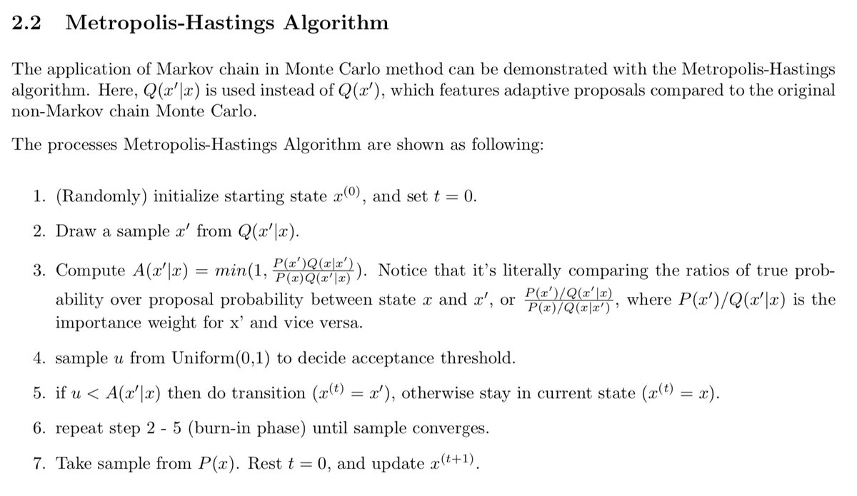 dengyazhuo's tweet image. A Markov chain is reversible if states x→x' and x'→x are equally probable and has a stationary distr. #MetropolisHastingsAlgorithm uses an acceptance probability that satisfies the reversible condition to simulate samples from the stationary distr of interest.  #readingOfTheDay