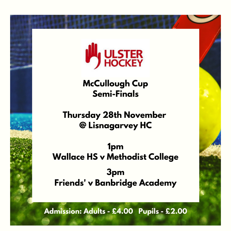 Upcoming Dates 🗓️

Busy few days ahead for #UlsterHockey with the <a href="/ulstersuper/">Ulster</a> league finals taking place tomorrow at Stormont. On Thursday we head to <a href="/lisnagarveyhc/">Blue News</a> for the McCullough Cup semi-finals. 

Please come along and support your schools!! Good luck to all!!👍🏑