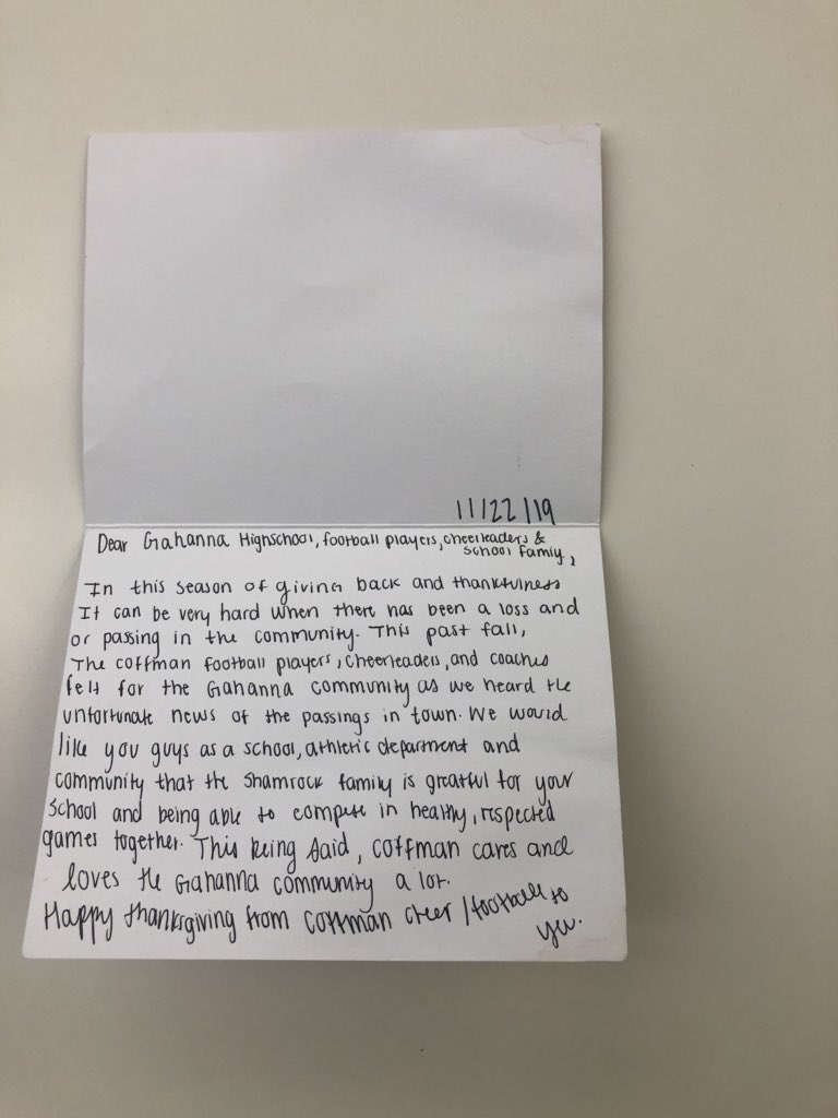 Thank you to <a href="/coffmanfootball/">Dublin Coffman Football</a> <a href="/coffmanrocks/">Coffman Athletics</a>  and the entire Dublin Coffman community for thinking of us during one of the toughest season ever!  True class act!  We appreciate your thoughtfulness. #LLJ #AllforyouJay #11 <a href="/GLHS_Athletics/">Gahanna Lincoln Athletics</a>