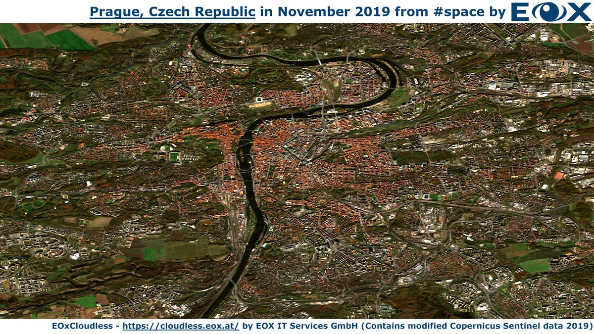 eox_a's tweet photo. #eoxcloudless processing showing #Prague, current meeting place for #EarthObservation and #CAPMonitoring at #MARSConference19 - meet us at the @mundiwebservice booth https://t.co/taqVUkuFIa