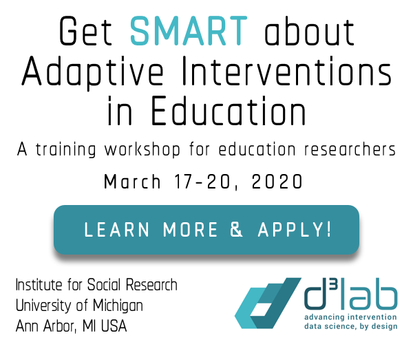 umisr's tweet photo. Last chance! Register now for #d3labisr's 4-day training workshop on #adaptiveinterventions &amp; SMART in education - March 2020. Deadline is this Sunday, Dec. 1! https://t.co/VTaPeQy6oD #educationresearch @SPSPnews https://t.co/m6TKaJsYlI