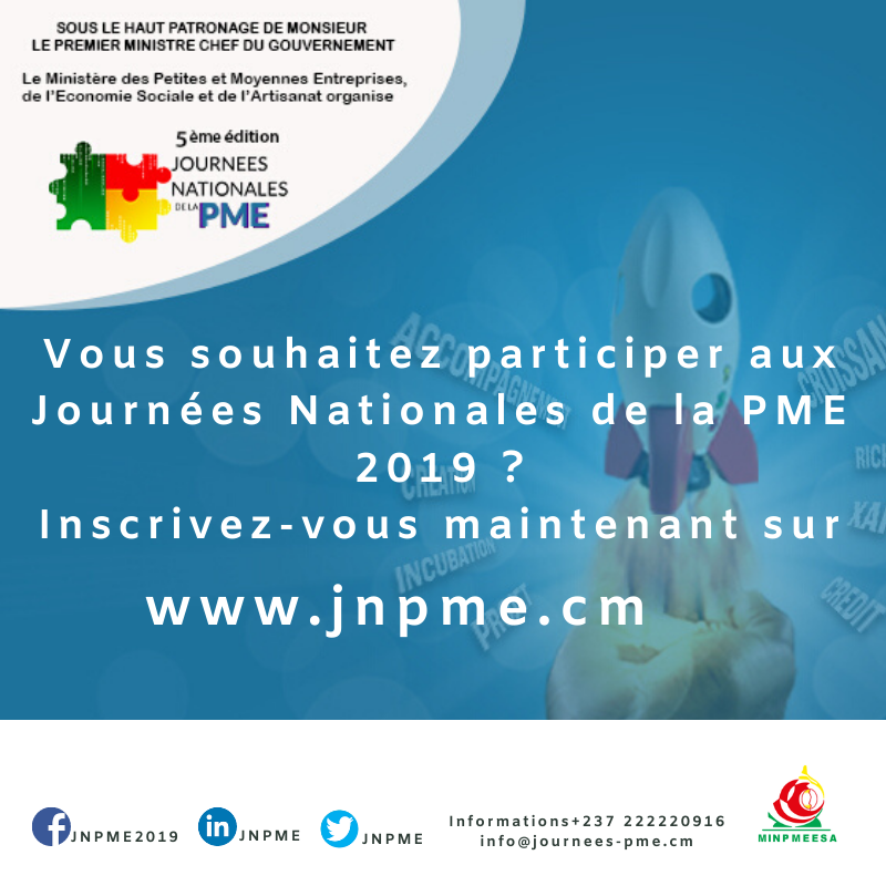 2019Jnpme's tweet photo. Inscrivez-vous dès maintenant sur https://t.co/8XZzVoNmri pour prendre part à la 5ème édition des JNPME2019, le plus grand salon des #PME du #Cameroun.
#Startup #Innovation #Entrepreneur #Entrepreneuriat #minpmeesa @celcomminpmeesa @developcameroon @mbenjumafany @AEC_237 https://t.co/dn8fpR74N2