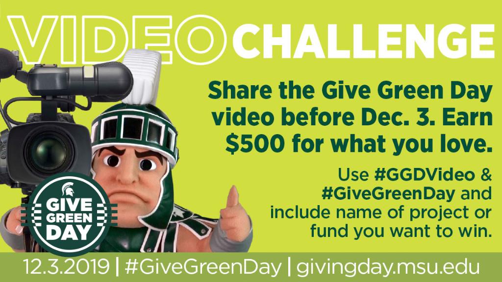 msualumni's tweet photo. Earn an extra $500 for what you love. Share the Give Green Day video (link below!) before Dec. 3 using the hashtags #GiveGreenDay and #GGDVideo, and tell us which fund you want to win a $500 bonus. 
👉 https://t.co/1T5Q1WSxnQ https://t.co/pVRhkT0wkK