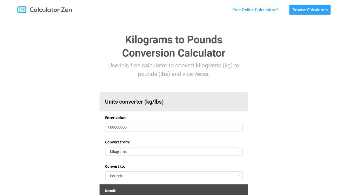 ⚖️ Use this free calculator to convert kilograms (kg) to pounds (lbs) and vice versa. #weight #calculator #conversion
link.calculatorzen.com/kg-to-lbs