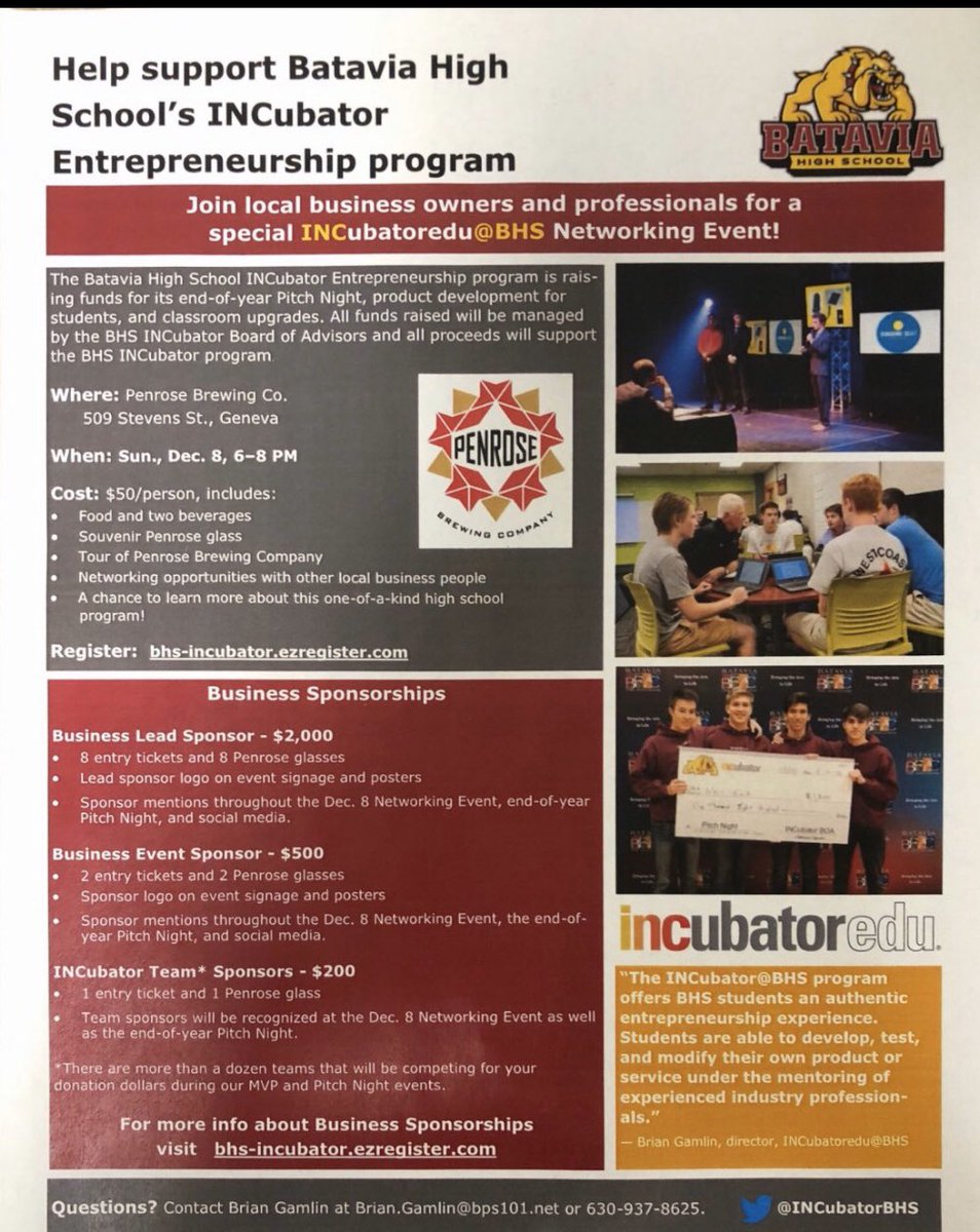 TeamElevation8's tweet photo. Come support the BHS Incubator Penrose Fundraiser on December 8th! There will be food, drinks, and a tour of the factory! And make sure to mention Team Elevation when you register! https://t.co/m3K25vfcs7
