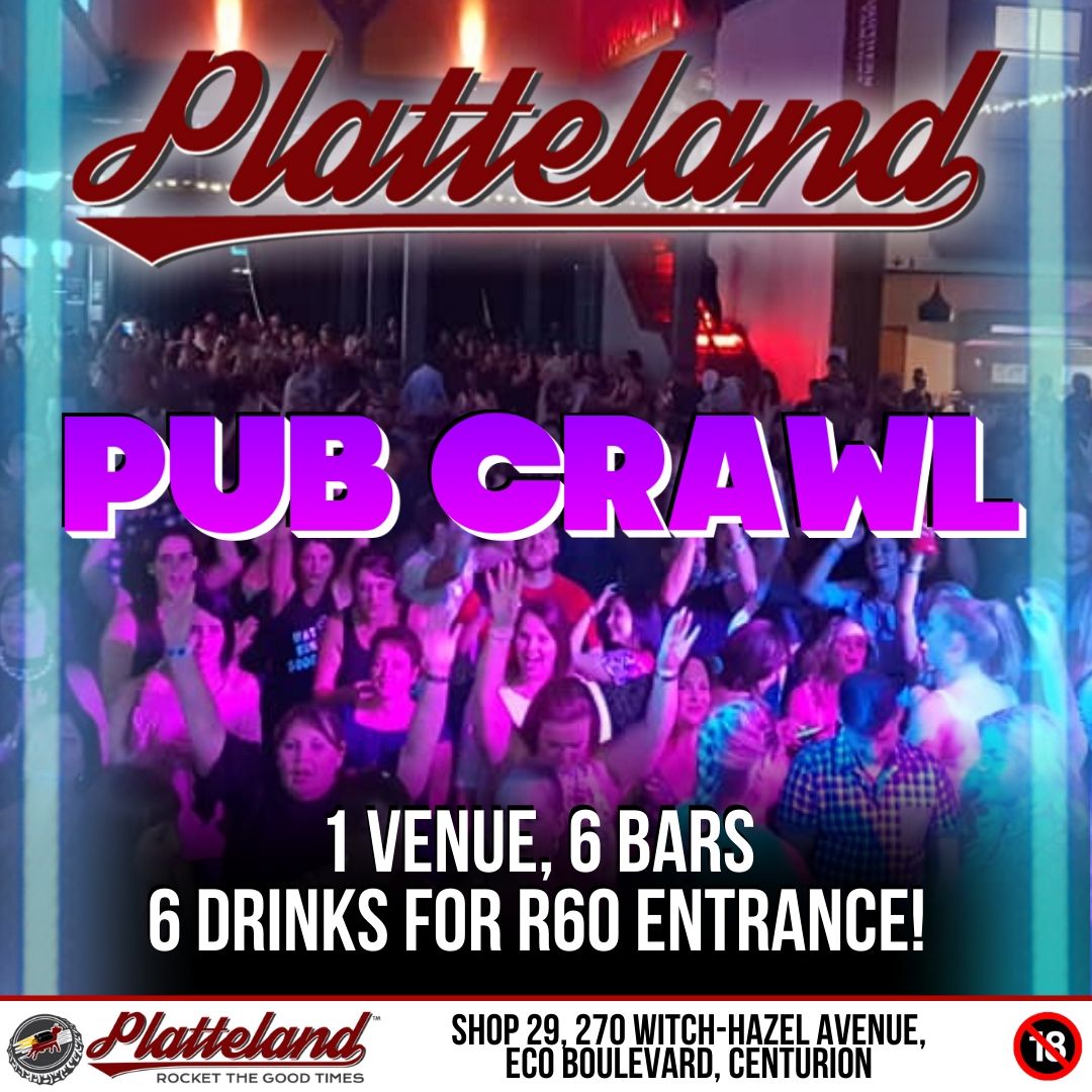 Miss the days of bar hopping? 

Join us for our Plat Crawl/ Pub Crawl!
1 venue, 6 bars and 6 drinks for R60 Entrance!

Make sure you book your spot now, Buy your tickets on Quicket

#Platteland #PlattelandLive #PubCrawl #Drink #Drinks