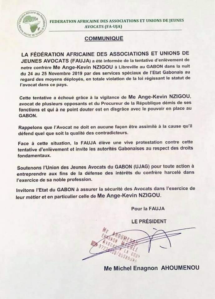 MLafricain's tweet photo. La Fédération Africaine des Associations et Unions des Jeunes avocats réagit suite à la tentative d'enlèvement dont a fait l'objet Maître Nzigou Anges Kevin dans la nuit du 24 au 25 novembre.

#Gabon
#PLC https://t.co/GMABXTtJw9
