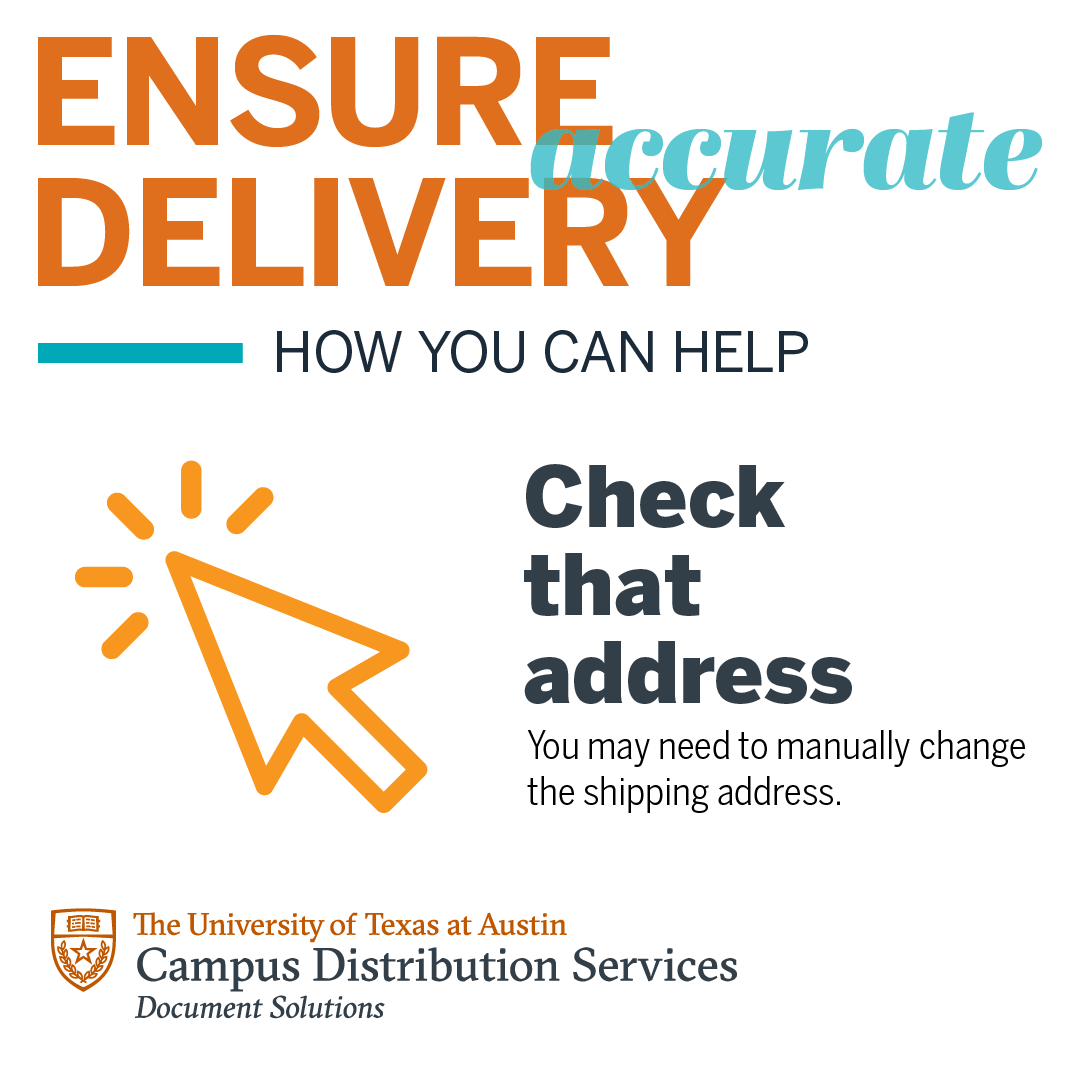 UTDocSol's tweet photo. WHERE TO, LONGHORN?
UT Market may default the shipping address to the Campus Distribution center. If your package is on the “ship direct” list, you must MANUALLY CHANGE THE SHIPPING ADDRESS. @TexasConnect2 #FASService https://t.co/0EIUQrCvYq https://t.co/YlsNEbuaEz