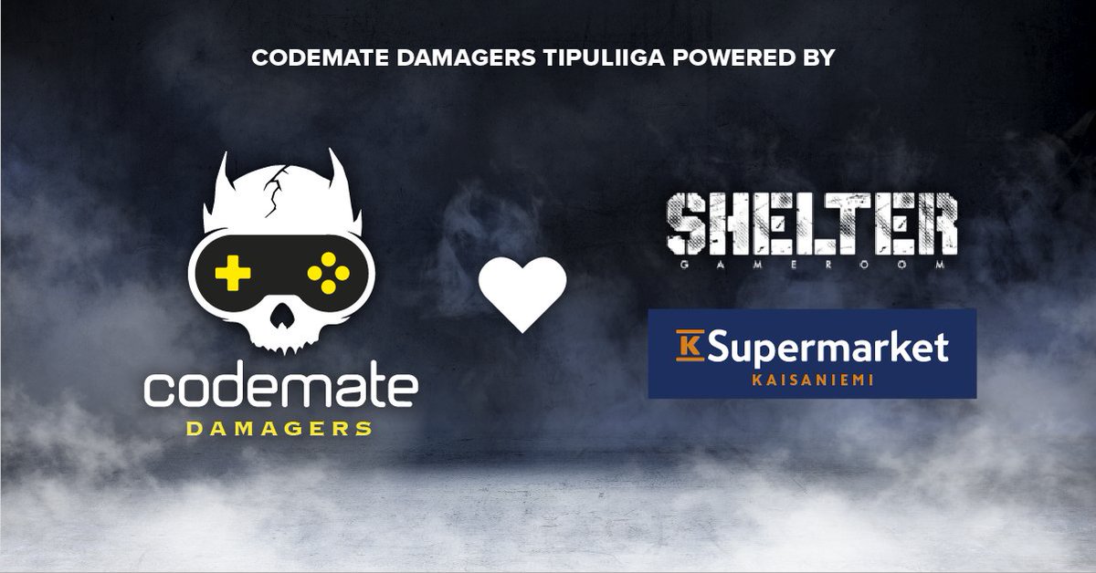 CMDamagers's tweet photo. It’s our pleasure to announce @CodemateLtd Damagers' first, and first-class awesome sponsors! Our adventures in @kanaliiga #tipuliiga continue with unbeatable gaming environment by @ShelterGameroom and snacks by K-Supermarket Kaisaniemi! https://t.co/E3b6Rki2n6