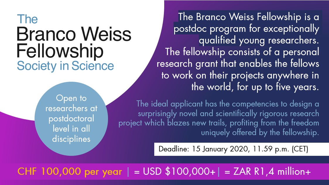 4 wks left to apply! Branco Weiss Fellowship awards young researchers around the world with a generous personal research grant, giving them the freedom to work on whatever topic they choose anywhere in the world, for up to 5 years: bit.ly/BrancoWeissFel… <a href="/UCT_news/">UCT</a> @UCT_VC