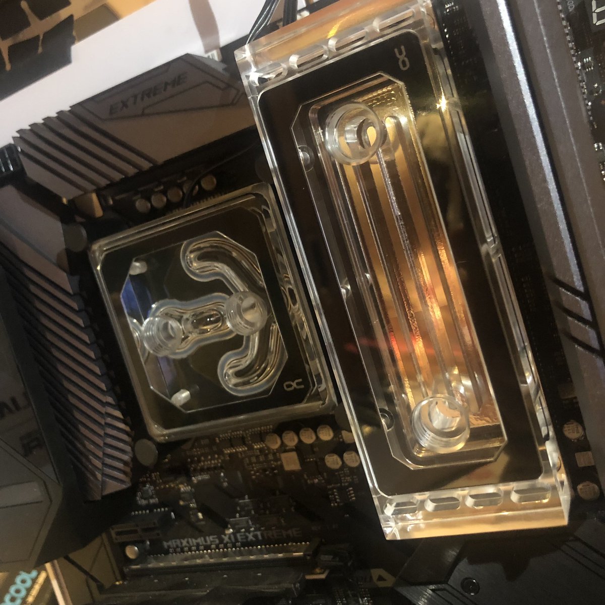 ExtremePCUK's tweet photo. So here’s the next progress pic of our next flagship PC
We’re using the @alphacool Eisblock XPX Aurora Edge Plexi digital RGB CPU waterblock
We have combined this with Aurora Plexi X4 RAM waterblock with RGB
Can’t wait to see the colours in action
#ExtremePCUK @davido_labido https://t.co/PlL0ybpihw