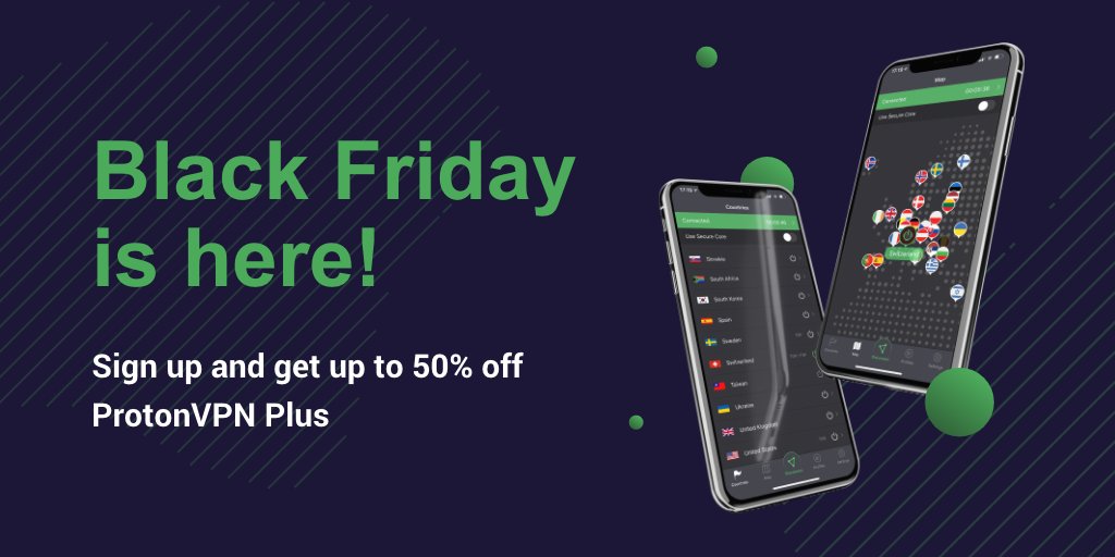 ProtonVPN's tweet photo. 💥 Our biggest discount of the year is here! Get up to 50% off faster speeds and exclusive servers with a ProtonVPN Plus account. ⏰ Sign up today! https://t.co/n4eyggtm5h #BlackFriday https://t.co/rHW09fWesV