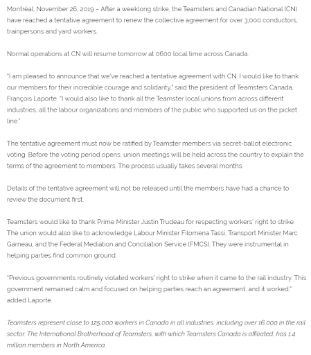 Tentative agreement reached in CN Rail strike, service to resume at 6 am ET Wednesday. No details of agreement are being made public pending ratification by workers.