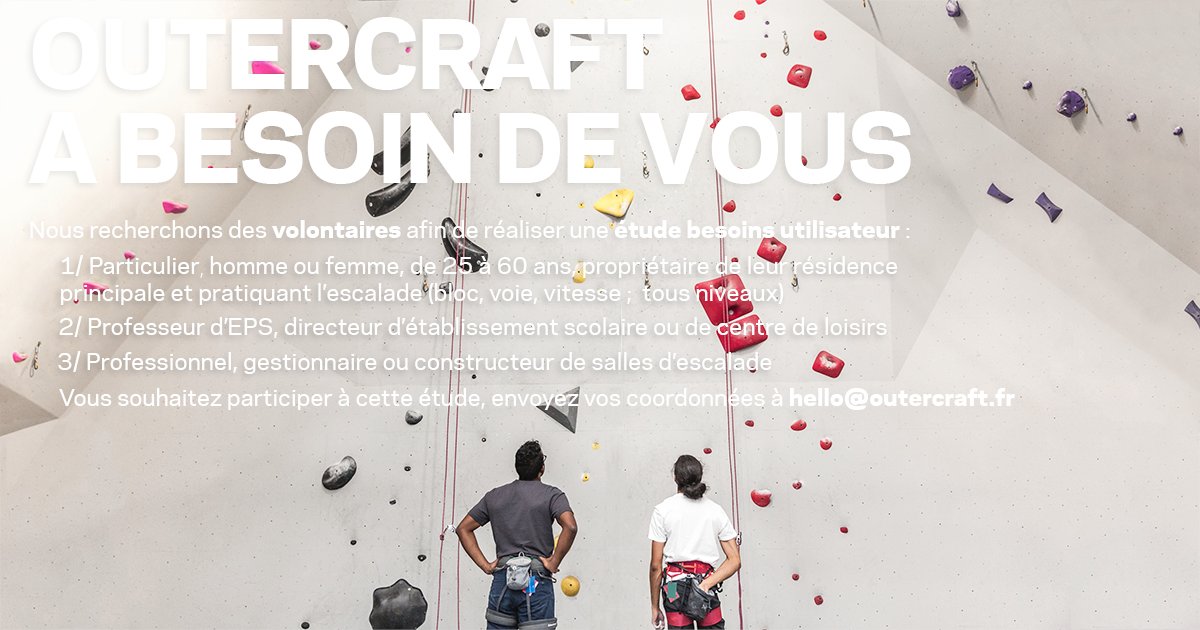 NOUS AVONS BESOIN DE VOUS // L'agence réalise 2 études de besoins. 

>> Vous correspondez à l'un des profils cités ? 

>> Vous connaissez une personne pouvant répondre à cette étude ? 

Transmettez-nous vos coordonnées sur la boîte mail hello@outercraft.fr

#sport #escalade