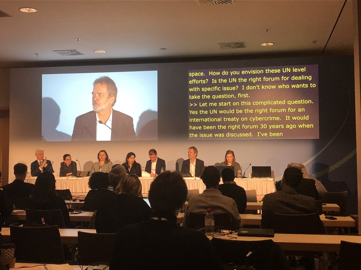 IrinaDrexler's tweet photo. When I left #OF19/#HumanRights &amp;Digital Platforms→a Q on #HateSpeech had just been answered.
When I joined #WS288/Solutions for Law Enforcement to Access Data Across Borders→info on hate speech &amp;Additional Protocol to Budapest Convention on Cybercrime was being shared.
#IGF2019 https://t.co/5Yxxiqg7ZH