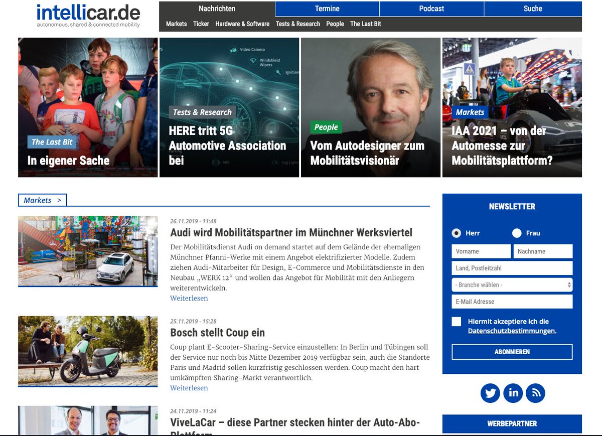 JulianeWittek's tweet photo. Bei @intellicar hat sich etwas getan! Neu: frische Website mit mehr Bild und Text. Auch neu: Newsletter statt dienstags &amp; donnerstags zukünftig täglich! Fokus wie gewohnt: autonomous, shared &amp; connected #mobility. Nicht neu aber auf Zack wie eh und je Chefredakteur @Stoewhase :) https://t.co/gMZkNoxp8S