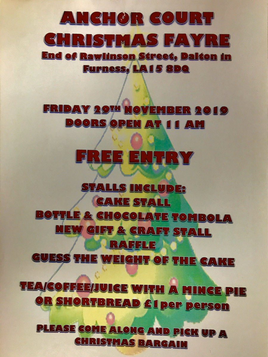 Please come along to the Anchor Court Christmas Fayre this Friday 29th November at 11am - some Fabulous gifts and prizes to be won 🎅🏼🎄🍰🎁 <a href="/NWEMlive/">The Mail</a> @WhatDalton  <a href="/DALTON_CFR/">DALTON CFR 💙</a>  <a href="/DaltonCentre/">Dalton Community Centre</a>