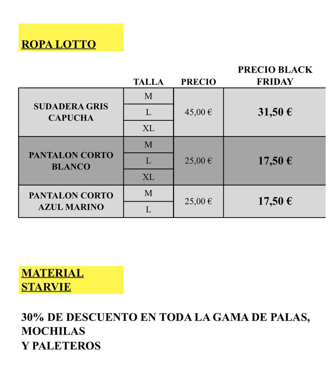 BLACK FRIDAY en Padel d3📢

Durante esta semana y hasta el domingo 8 de diciembre tendremos estos precios especiales en material LOTTO y STARVIE.

Aprovecha la ocasión y pásate por el club para disfrutar de esta oferta!!!