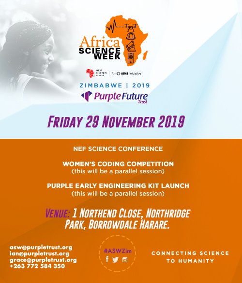 purplefuturezim's tweet photo. Please note that our venue for the Africa Science Week Conference on Friday 29 November 2019 has changed to 1 Northend Close, Northridge Park, Borrowdale Harare. At the Standards Association of Zimbabwe. #ASWzim #Conference #2019 https://t.co/yGAjJ2smkh