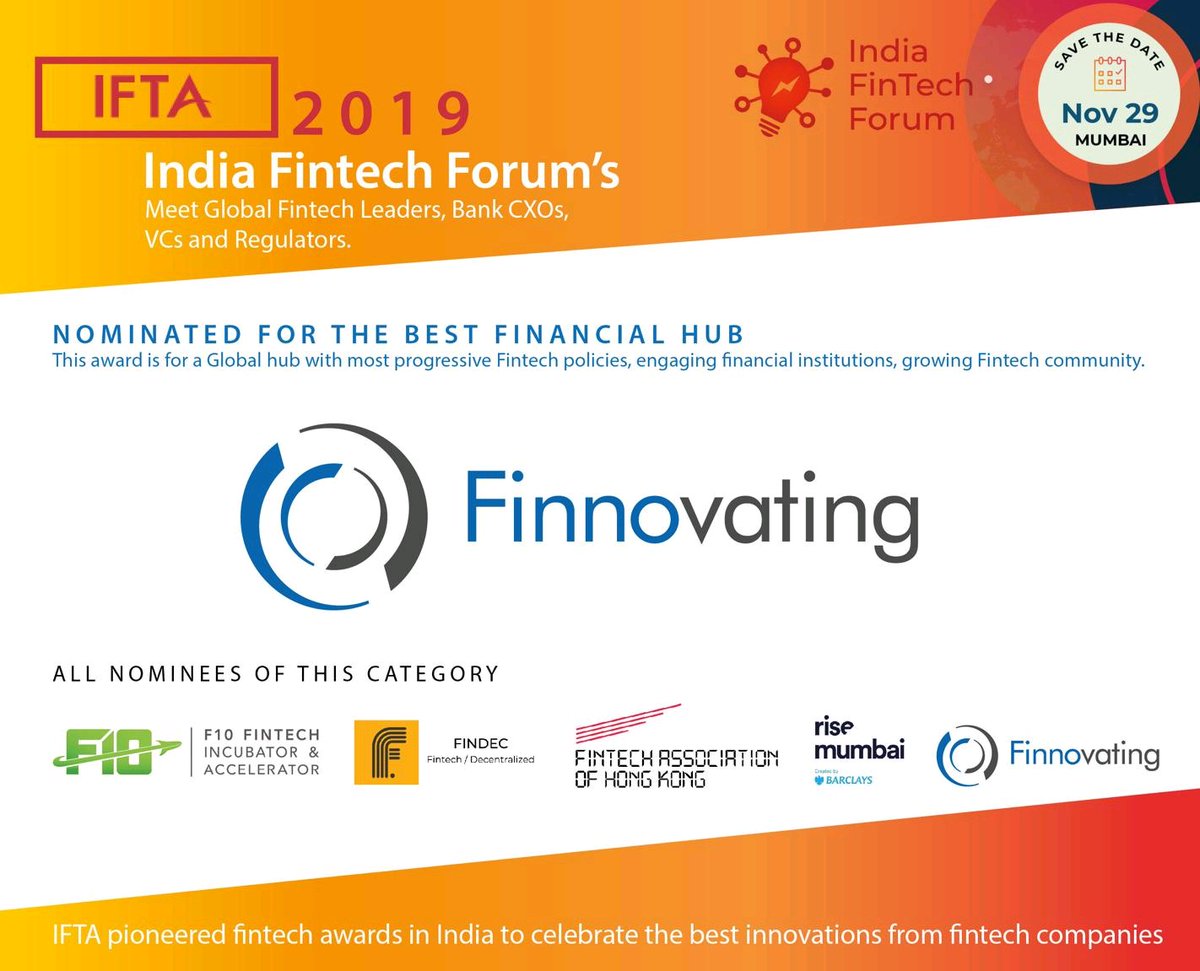 rgarciadelacruz's tweet photo. What a great news! 👏👏👏
@FinnovatingHub has been nominated to the IFTA Awards 2019 India FinTech Forum, with other international #fintech leaders like #association Fintech of Hong Kong, #Rise, created by Barclays, #Findec & #F10FinTech Incubator & Accelerator!!🔝 https://t.co/jOrPeZ50vP