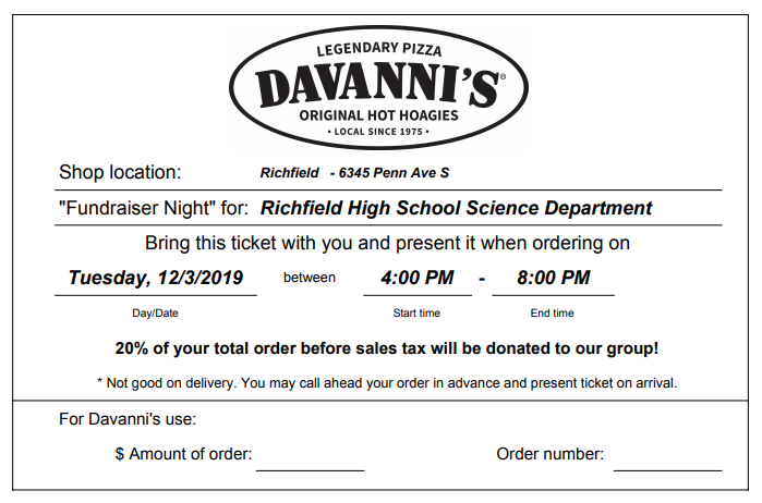 RichfieldHS's tweet photo. Spartan Community: Our physics students will travel to Fermilab in Chicago. Our environmental students will go to the BWCA. You can help by dining at Davanni's in Richfield on Tuesday, 12/3, from 4-8 p.m. Mention RHS science and 20% of sales will go to our students. #RPS280 https://t.co/5wyyUvTgmg