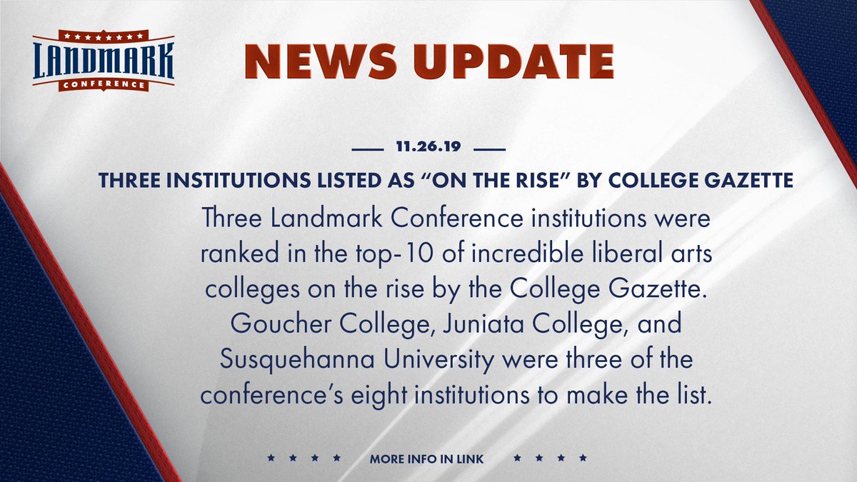LandmarkConf's tweet photo. 👏👏👏

THREE Landmark institutions ranked in the top-10 of incredible liberal arts colleges on the rise by the College Gazette

2⃣ @juniatacollege 
3⃣ @SusquehannaU 
8⃣ @gouchercollege 

📰 https://t.co/Ufd7q6ugPe

#MakeYourMark https://t.co/OhJMdUoUNJ